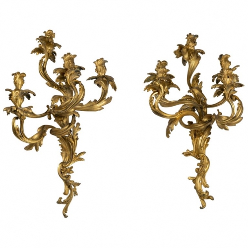 A Large Pair of Louis XV Ormolu Five-Light Wall Lights in the Style of Caffieri